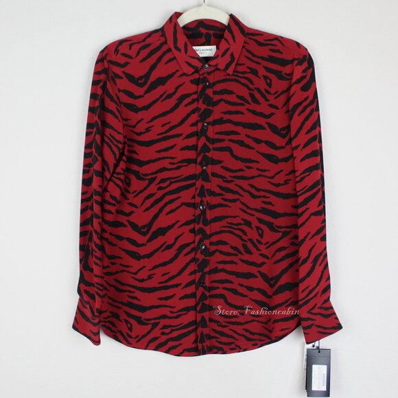 NEW Saint Laurent Red Zebra Silk Blouse– Statement Top for Work Events & GNO - Picture 2 of 15